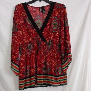 Bisou Bisou Red and Black Patterned Blouse